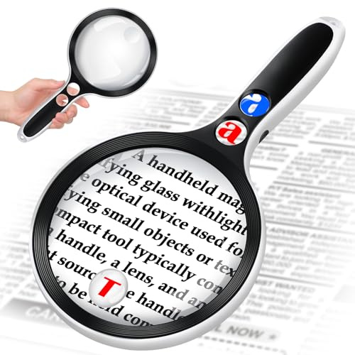 Large Magnifying Glass with Lights,10X 25X 45X 60X Handheld Lighted Magnifier, 5in Page Magnifier LED Lights, Magnifying Glass for Reading Small Prints & Low Vision Seniors with Aging Eyes