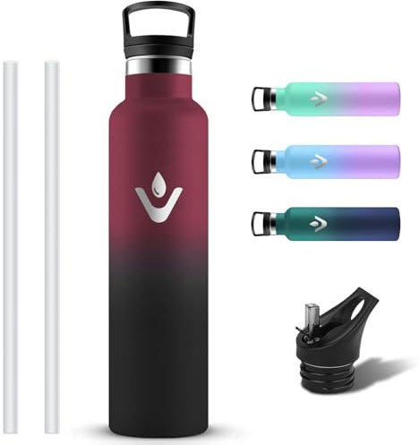 Grsta Botella Agua Acero Inoxidable, Botella Termica 1 litro sin BPA a Prueba de Fugas, Cantimplora Termica con Pajita y Filtro, Reutilizable Termo con 2 Tapones para Colegio, Gym, Viaje