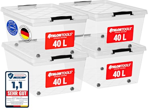 ATHLON TOOLS 4x 40 L Aufbewahrungsboxen mit Deckel, lebensmittelecht - Verschlussclips - 100% Neumaterial Plastik-Box transparent - Kleiderboxen stapelbar…