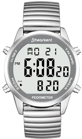 Reloj digital parlante con podómetro, hora de habla/fecha/pasos/calorías en inglés, 5 alarmas, retroiluminación EL, LCD número grande, sin Bluetooth, contador de pasos para ancianos/ciegos (plateado