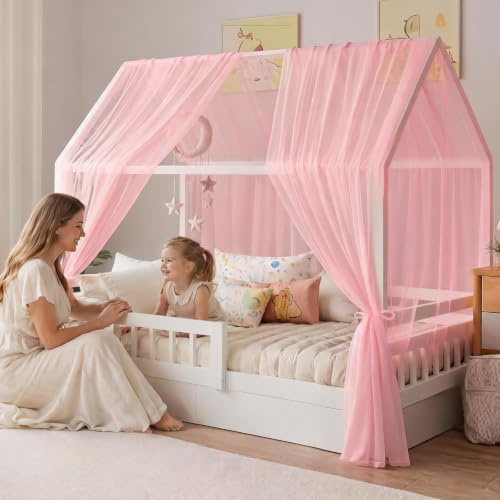 Hausbett Himmel Set, 2 stycken sänghimmel för hussäng, lätt andningsbar milanoslöja sänghimmel med myggskydd baldakin för babysäng & barnrum, barnrumsdekoration, 150 x 350 cm (Rosa)