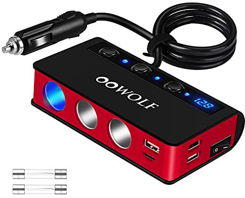 OOWOLF Quick Charge 3.0 Cigarette Lighter Adapter,180W 12V/24V 3-Socket DC Power Car Splitter with 6.6A 4 USB Ports,LED Display Voltage, Individual Switch (Red - With Type C)