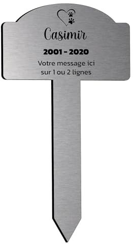 Plaque gravée funéraire pour animaux de compagnie motif Coeur et 2 empreintes de patte, à planter 25x14 cm personnalisée 1 à 3 lignes Alu Brossé