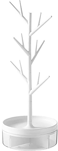 HCLRW Rotating Jewelry Tree Stand, 3 in1 Jewelry Organizer, Necklace Stand Display with Acrylic Tray for Earrings Necklaces Bracelets Watches and Rings -14.56 Inch High（White）