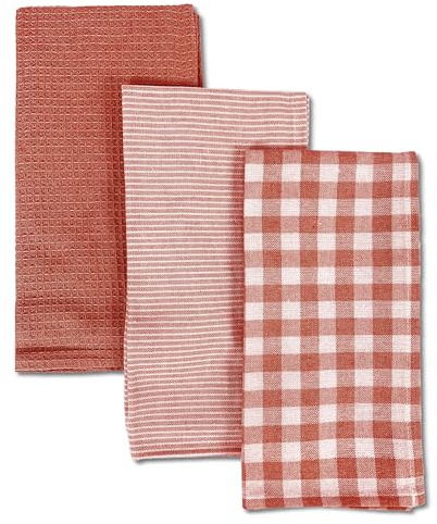 TIENDA EURASIA – Juego de 3 Paños de Cocina, Diseño Liso, de Cuadros y Rayas, Distintos Colores, 50x50x1,5 cm, Multiusos, 100% Algodón, Suave, Resistente y Absorbente (Teja)
