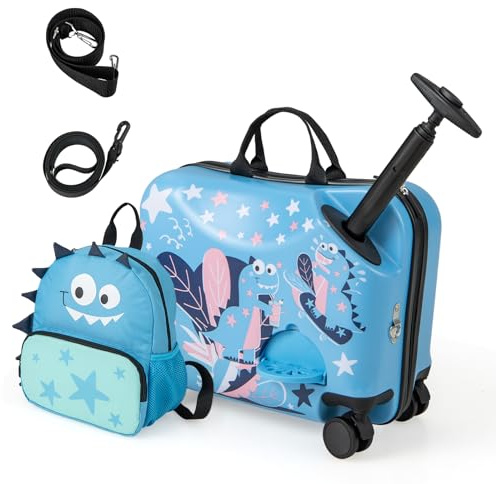 DREAMADE Valise Enfant à roulettes 18 et Sac à Dos 12 avec Repose-Pieds&Coque Rigide,Bagage à Main Enfant 3+Ans avec Bandoulière Réglable pour Fille et Garçon，Charge 50KG+8KG (Dinosaure Bleu)