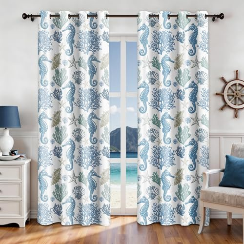 weesire Nautical Coastal Curtains Decorative Beach Ocean Seahorse Coral 50% Light Blocking Sea Darkening Grommet Curtain for Villa Living Room, Bedroom Navy Blue and White 2 Panels Set, 52x84 Inches