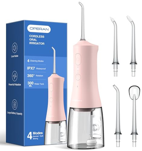 Operan Munddusche Kabellos, Tragbar Elektrische Zahnreiniger 4 Modi & 4 Düsen, 300ML Zahndusche Munddusche Testsieger Zahndusche für Entfernt Speisereste und Reinigt Die Zähne (Pink, 1Pack)