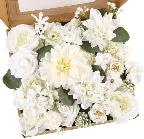 Künstliche Blumen Rosen, weiße Seide Deko Blumen Fake Rosen mit Stielen weiße künstliche Combo für DIY Hochzeitsfeier Valentinstag Muttertag Babyparty Zuhause Dekoration Blumengesteck Tischdekoration