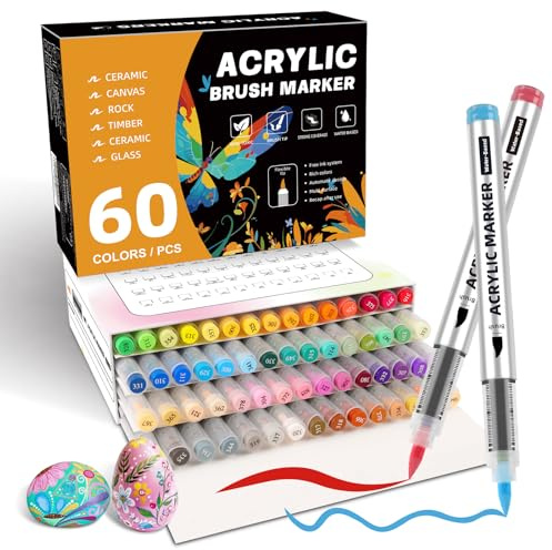 ABEIER 60 Colores Rotuladores Acrilicos, Marcadores AcríLicos de Cabeza de Cepillo Suave, Marcadores Rotuladores Acrílicos para Colorear Adultos, para Piedra, Madera, Lienzo, Vidrio, Cerámica