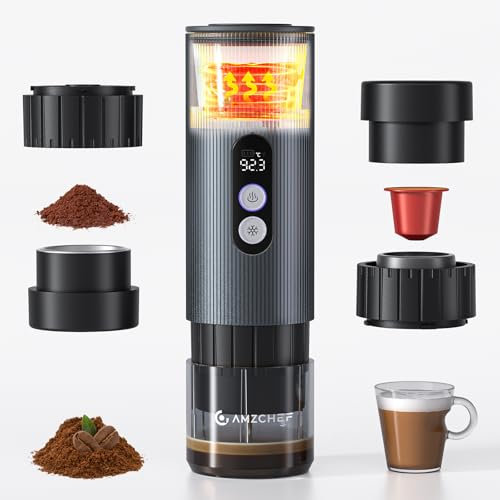 AMZCHEF Machine à Café Espresso Portable de Voyage avec Batterie – 20 Bars, Chauffage Rapide USB-C – Compatible avec Capsules & Café Moulu – Cafetiere Portable pour Camping/Bureau,Aluminium