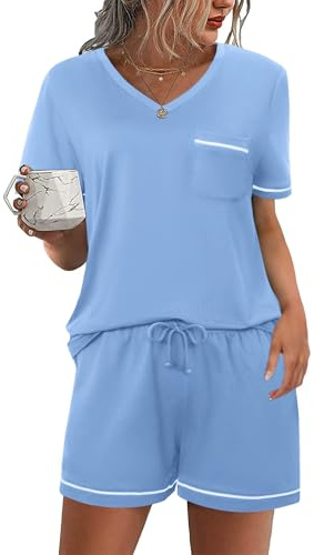 Litherday Pyjamas, dam, kort, bomull, pyjamas-set, sommar, enfärgad, Shorty nattkläder, kortärmad, sovkläder, tvådelad t-shirt med ficka