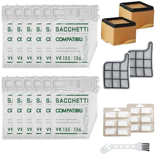 Arcets Kit Sacchetti compatibile per Folletto VK135 VK136 FP 135 FP 136 | 12 Sacchetti Aspirapolvere Microfibra a 5 Strati con 2 Filtro HEPA e 2 Filtri Motore (kit da 12 Sacchetti)