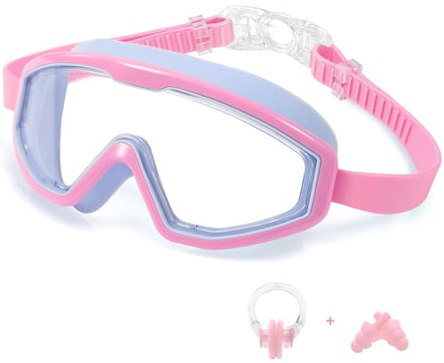 CJAYKMO Children's Swim Goggles, Wide View Anti-Fog & Waterproof Large Frame Swim Glasses for Boys and Girls-Blue Pink