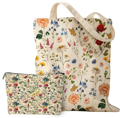 ZXTGBQ Tote Bag, Flores Bolsa de Compras con Bolsillo Interior, Bolsa de Tela Reutilizable, Bolsas de Tela Bonitas, para Damas, Amigas, Cumpleaños, Aniversarios, Día de la Madre