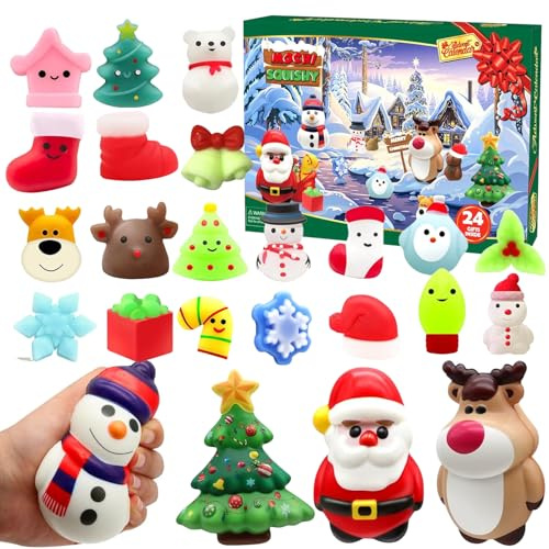 Squishy Advent Calendar 2025 with 4 Cute Jumbo and 20 Mochi Squishies Toys, 24 Pcs Fidget Toys Christmas Countdown Calendar Gifts for Boys Girls