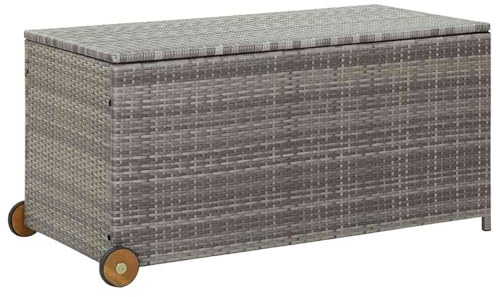 Gecheer Contenitore da Giardino, Scatola per Cuscini e Coperte in Polyrattan 120x65x61 cm con Ruote e Manico in Legno, per Interni ed Esterni, Organizzatore per Giocattoli e Oggetti