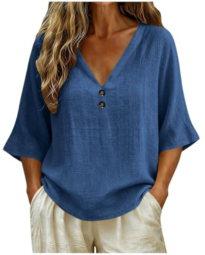 Dam linneskjorta sommarblus V-ringad lös topp med knappar linne look tunika 3/4 ärm skjorta ledig enfärgad fritid topp bekväma streetwear vardagskläder