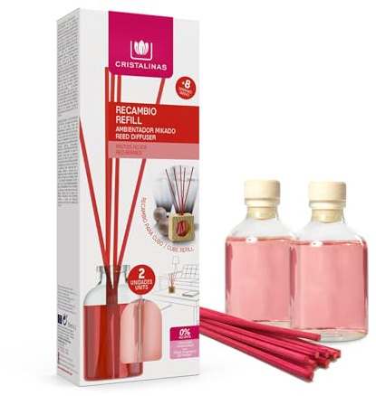 CRISTALINAS. Recambio x2 para Ambientador Mikado de Cubo de Madera. 0% Alcohol. Mas de 8 semanas de duración. 2x30ml. Aroma Frutos Rojos. (2x30ml)