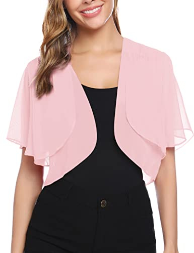 Aottori Cardigan Boléro Court Femme en Mousseline de Soie Gilet à Manches Évasées Courte Boléro Veste Elégant Chic pour Robe Bretelle Mariage Rose Clair M