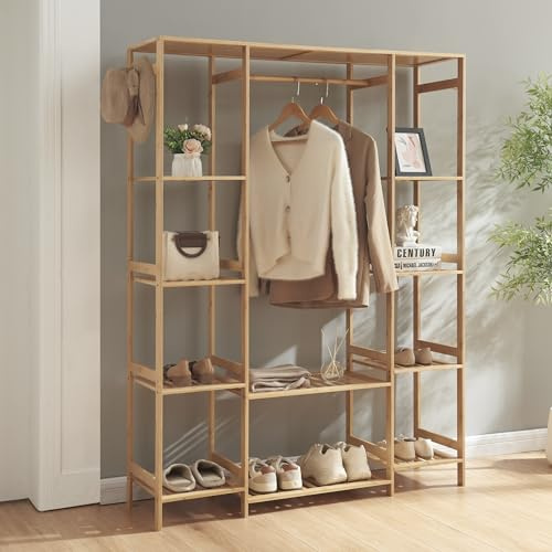 [en.casa] Perchero Burro con 1 Barra para Chaquetas 2 Estantes Centrales y 8 Compartimentos Abiertos 2 Ganchos para Sombreros Vestidor Bambú 165 x 122 x 35 cm - Natural