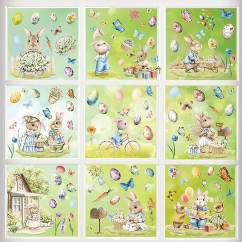 WD&CD Fenstersticker Ostern, 9 Blätter Fensterdekoration Ostern, Fensterbild Frühling Ostern wiederverwendbar, Osterfenster Klammert Sich an Aufkleber Hase Ostereier, Kinderzimmer-Dekoration