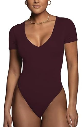 Rongseng Body Mujer de Manga Corta Cuello v Sexy Leotardos Bodysuit Top Elástica Una Pieza Jumpsuit Básico Color Sólido Verano Camiseta Shirts