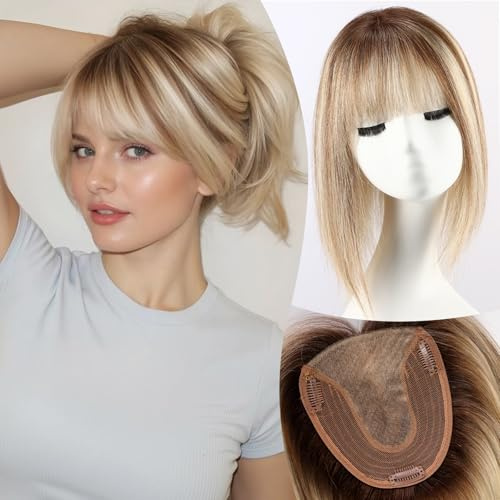 EMMOR Human Hair Toppers for Women with Thinning Hair with Bangs 12inch Skin Scalp 5×6 Big Base Cover Hair Loss Top Hairpieces Wiglets(Ombre Blonde with Highlight)