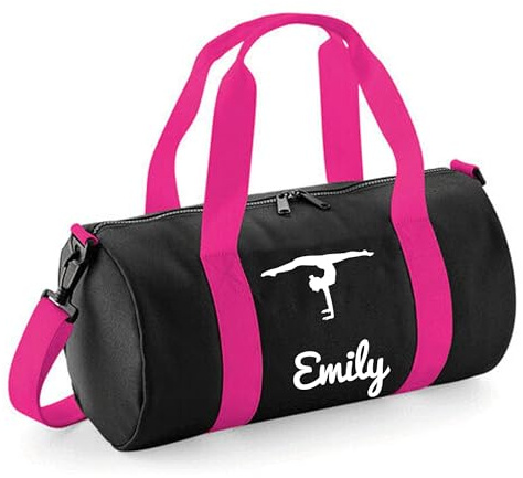 Personalised Gymnastics Bag Girls Dance Bags for Girls Kids Gym Bag Perfect Gymnastics Gifts & Sports Equipment Storage 20x20x40cm 12L Handstand Split Design Barrel Bag for Gymnastics Black/Hot Pink