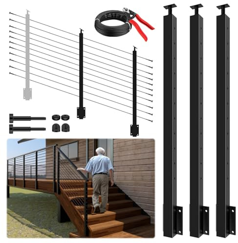 Gyykzz 3 Pack Complete Set Side Mount Stair Cable Railing Post Kits 44 for 36/42 Railing System, All Black Space-Saving Left Side Fascia Mount 33° Deck Stair Post Fit for 28-38 Degree Stairway