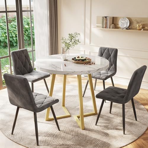 Merax Esstisch Rund, Marmormuster Esstisch, für 2-4 Personen, Metallrahmen, verstellbareTischbeine, Industrie-Design, geeignet für Restaurant,Wohnzimmer,Küche,Esszimmer, Weiß/Gold, 80x80x75 cm