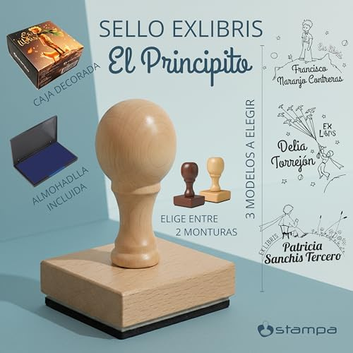 STAMPA l Sello Ex Libris Personalizado para Libros El Principito | Biblioteca exlibris con Nombre | personaliazar Libros | Bookplate | Caucho + Madera | Tampón Tinta Incluida | Caja Regalo | 3 Modelos