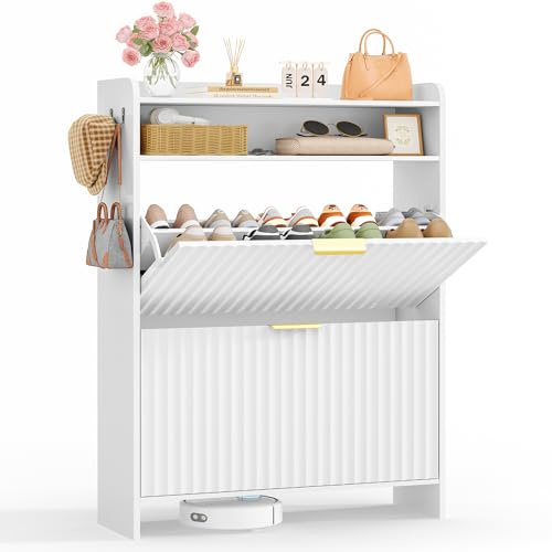 Kotascoy Zapatero Recibidor 24cm, Mueble Zapatero con 2 Cajones y Estantes Ajustables, para 16-20 Pares de Zapatos,Zapatero Estrecho Ideal para Entrada, Salón, Pasillo,24 x 76 x 112 cm, Blanco