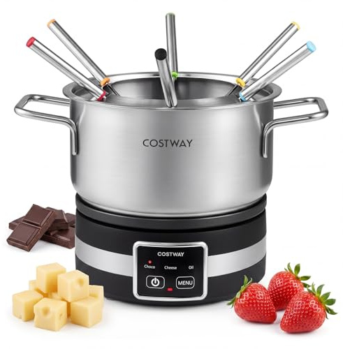 COSTWAY Elektrisk fondue-set, 1 200 W fondue-set med 8 färgmarkerade gafflar och gaffelhållare, 2,3 l rostfri kruka, diskmaskinssäker, för ostfondue och bryggfondue
