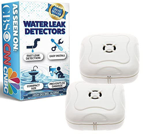 2 Pack Water Leak Detector - 95 dB Flood Detection Alarm Sensor for Bathrooms, Basements, Laundry Rooms, Garages, Attics and Kitchens by Mindful Design (White, 2 Pack)