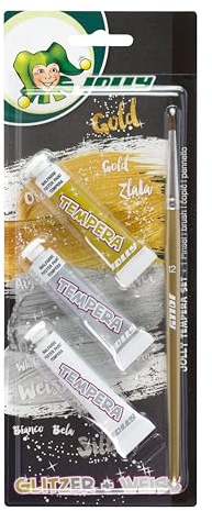 JOLLY Super Tempera Glitter Colori da colorare, vernice in oro, argento e bianco opaco, incl. Pennelli dorati, colori brillanti e opachi, non diluiti o verniciabili all'acqua