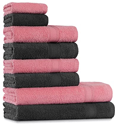 Tuiste Handtuch Set Grau Rosa |%100 Baumwolle Frotee Handtücher Set 8 Teilig | 2X Badetücher Set, 4X Handtücher, 2X Gästetücher | Weich und Saugstark | Fabre: Anthrazit Grau - Altrosa