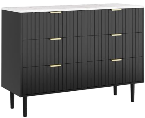UEV Kommode 100cm breit mit 6 Schubladen Marmoroptik-Oberseite Schubladenschrank Holz Sideboard schmal Highboard Mehrzweckschrank Schubladenkommode Schlafzimmer Wohnzimmer Flur (Schwarz)