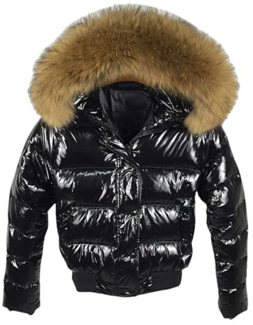 Piumino da donna brillante in morbida ovatta con pelliccia sintetica, giacca corta imbottita e calda, nero 2, M