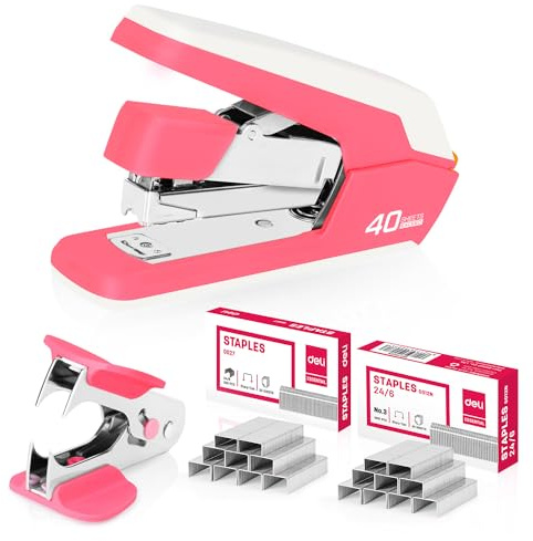 Deli Effortless Desktop Stapler, Heavy Duty Stapler, 40-50 Sheet Capacity, One Finger, No Effort, Includes 1500 Staples & Staple Remover, Rose