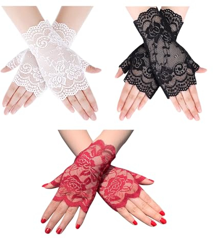 NYGGTYK 3 Paar Fingerlose Handschuhe, Spitzenhandschuhe, Halbfingerhandschuhe, Damen-Partyhandschuhe, Satinhandschuhe, Damen-Teeparty-Zubehör, Geeignet Für Hochzeit, Oper, Tanzhandschuhe