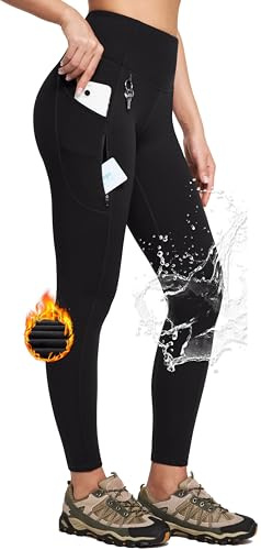 IUGA Fleece Lined Leggings Women Water Resistant Thermal Leggings Winter Warm Tights High Waist Hiking Pants with Pockets Coal Black