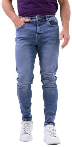 Enorsia Slim Fit-jeans för män med femfickstyling, märkesknapp och dragkedja, tvättad design och bomullsrikt denimtyg, Mellanblått, 46