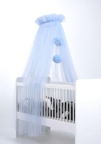 Toldo de cama de tul para bebé, cuna de princesa con mosquitera, cuna lateral, decoración de habitación, 165 cm de largo, con pompones, color gris pardo (azul bebé)