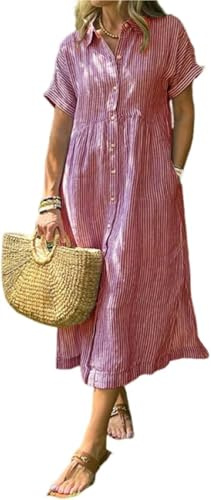 Vestido camisero a rayas con solapa y botones y bolsillos funcionales, vestido largo casual de verano