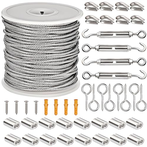 BAIFULAI Juego de cable de acero inoxidable, 50M cable de acero de 2mm, cable de acero inoxidable 304, cable de acero tensor recubierto con ojales, tensor M5 con herrajes de tensado de cable, para
