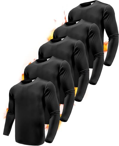 Boyzn 5er-Pack Langarm Trainingsshirts für Herren, flauschgefütterte Langarm Thermounterhemden, sportliche Unterhemden als Base Layer für Kälte bei Workout Lauf-5P07-Schwarz-S