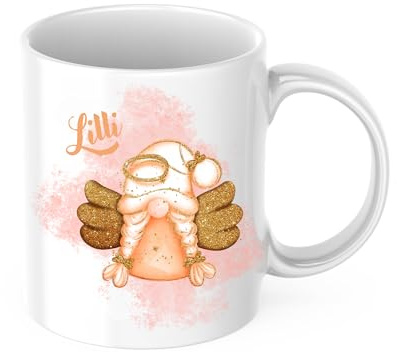 drunkLY Personalisierte Weihnachtstasse mit Namen – Keramik Kaffee-Becher mit Gnom-Motiv – Weihnachtsbecher & Glühwein-Tasse – Geschenkidee Nikolaus & Weihanchten (Gnom-Engel)