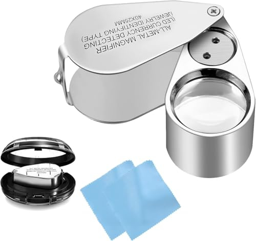 TNSLAND Lente d'ingrandimento per gioielleria, lente d'ingrandimento pieghevole con LED e luce UV, Loupe Magnifier ingrandimento 40x, in metallo con luce LED UV per diamanti gioielleria monete