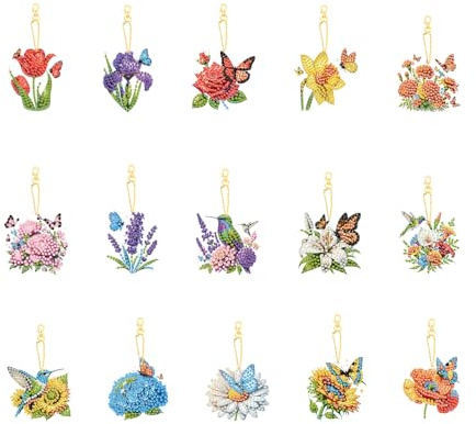 CXINLky DIY 15 pezzi Diamond Art Painting Portachiavi con ciondolo a forma di molla, regalo 01 fiori